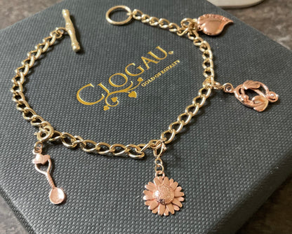 Vintage Clogau 9ct T-bar charm bracelet with 4 Clogau charms 19.5cm in yellow and rose gold