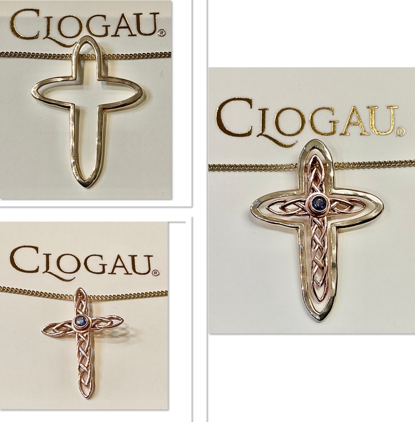 Vintage Clogau 9ct Sapphire Celtic Cross interchangeable pendant 18” necklace yellow and rose gold Sheffield Hallmark on cross
