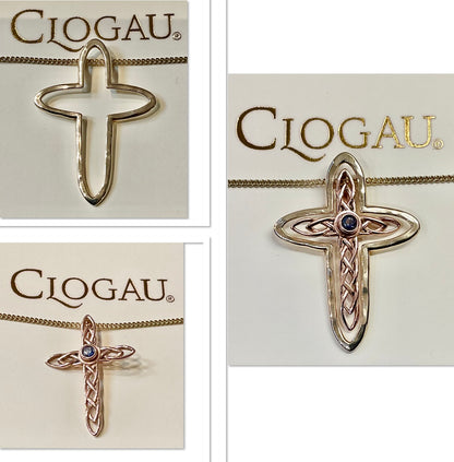 Vintage Clogau 9ct Sapphire Celtic Cross interchangeable pendant 18” necklace yellow and rose gold Sheffield Hallmark on cross