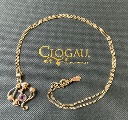 Clogau 9ct Amethyst and Diamond Love Vine pendant necklace 18” in yellow and rose gold