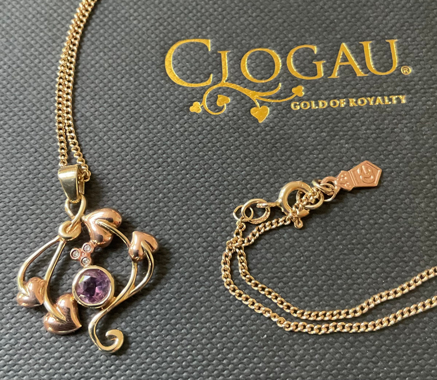 Clogau 9ct Amethyst and Diamond Love Vine pendant necklace 18” in yellow and rose gold