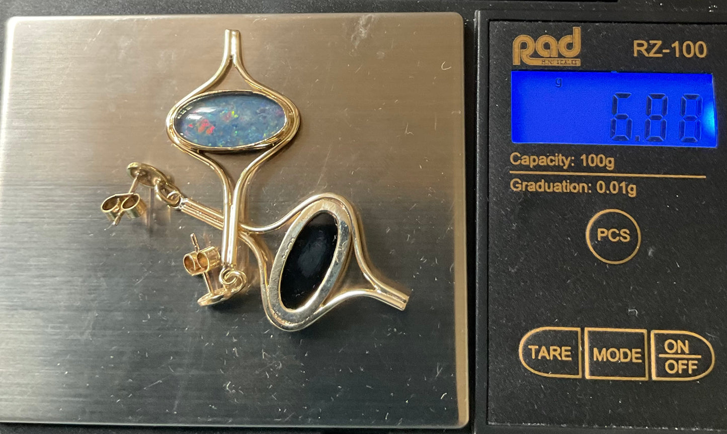 9ct Malcolm Grey ORTAK Opal 16” necklace & earrings in yellow gold original box