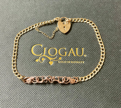 Vintage Clogau 9ct Cariad bracelet with safety padlock in yellow and rose gold