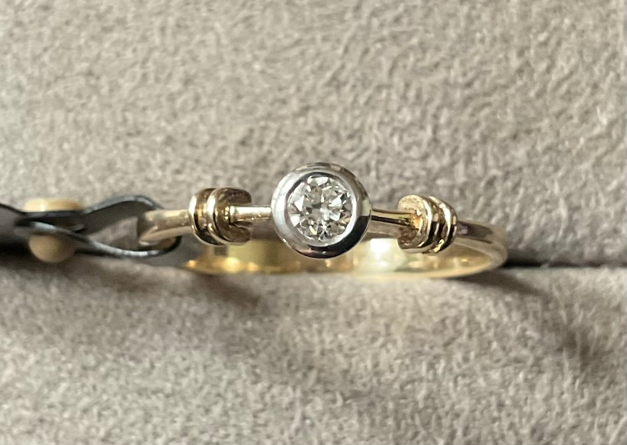 9ct Diamond solitaire bezel set engagement ring size M yellow gold and white gold