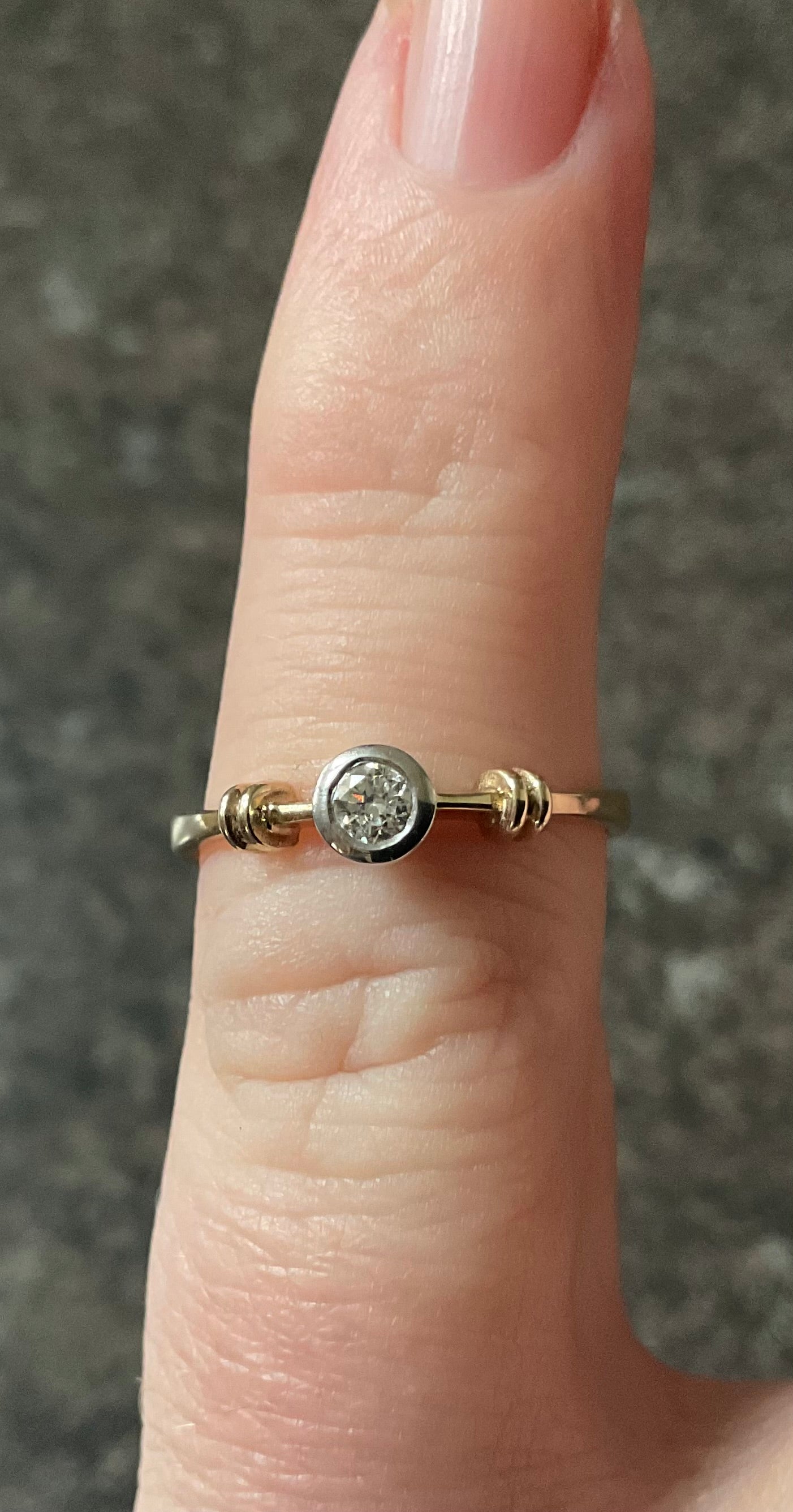 9ct Diamond solitaire bezel set engagement ring size M yellow gold and white gold