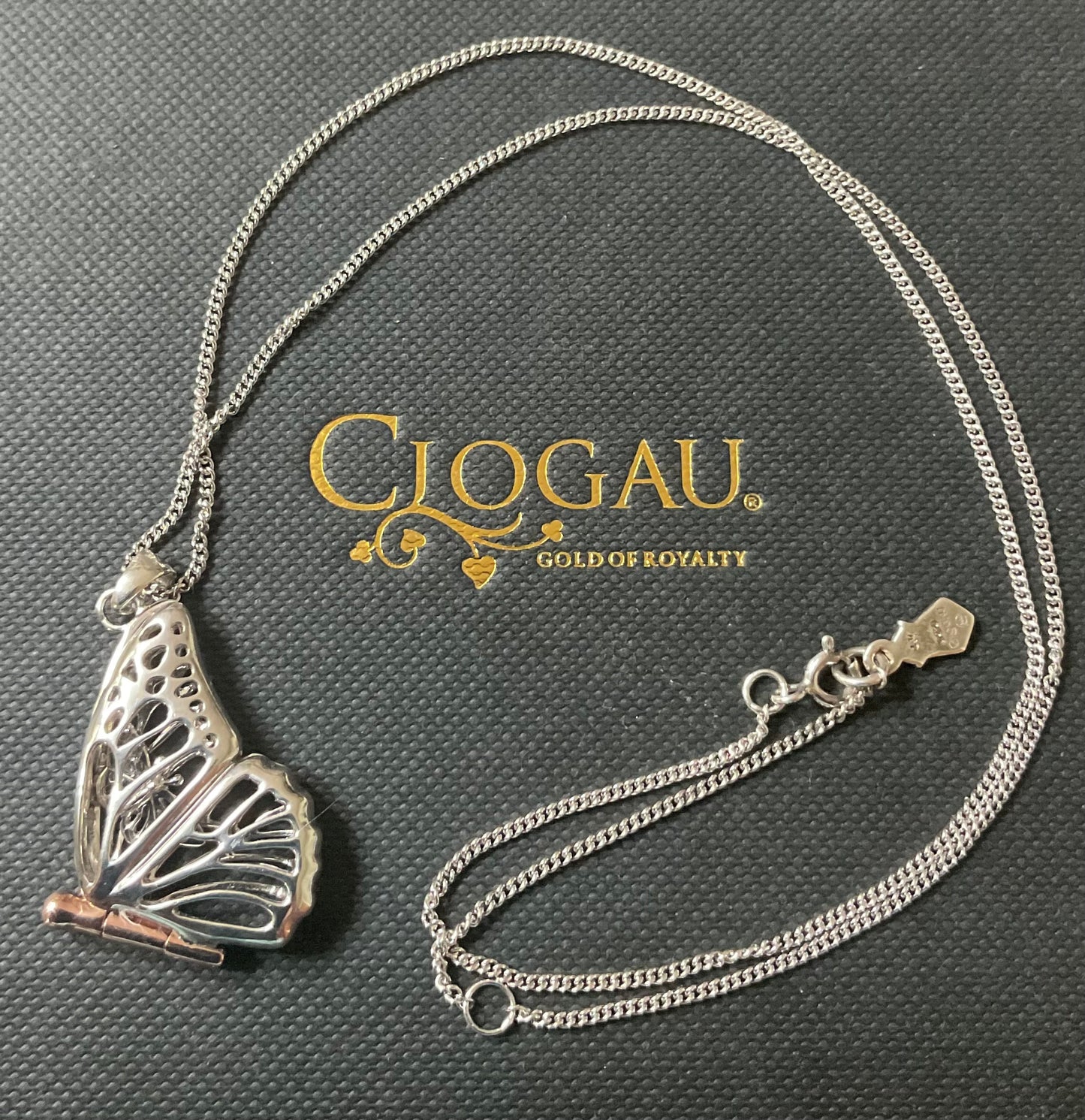 Clogau Large Butterfly locket pendant necklace 18-20” in silver and rose gold