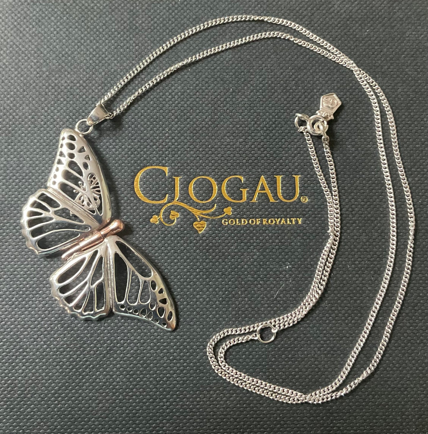 Clogau Large Butterfly locket pendant necklace 18-20” in silver and rose gold