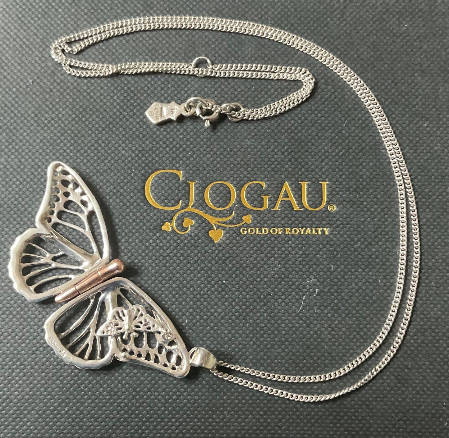 Clogau Large Butterfly locket pendant necklace 18-20” in silver and rose gold