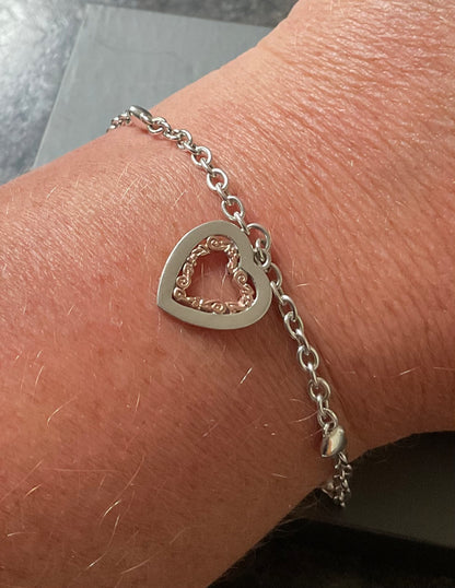 Clogau Tree of Life Inlay Heart bracelet in silver and rose gold 19cm