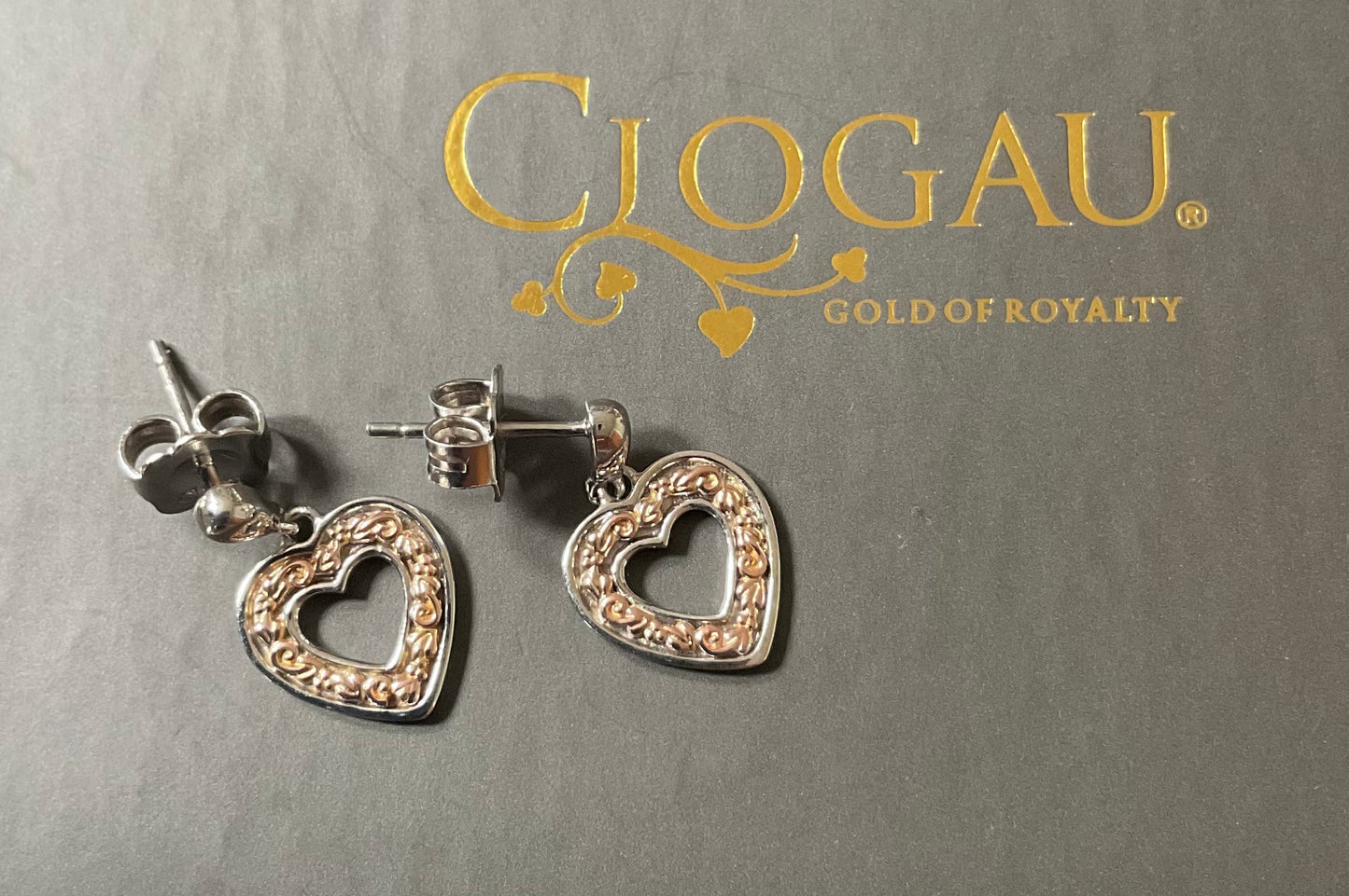 Clogau Tree of Life Inlay Heart drop earrings in silver and rose gold