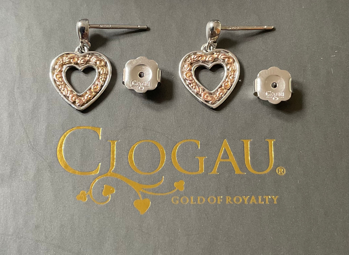Clogau Tree of Life Inlay Heart drop earrings in silver and rose gold