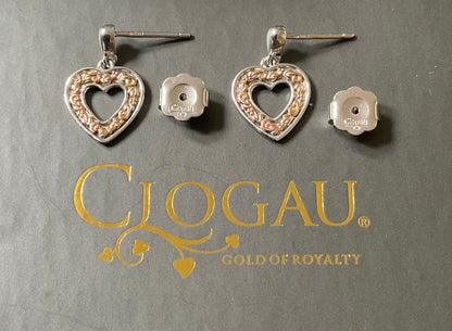 Clogau Tree of Life Inlay Heart drop earrings in silver and rose gold
