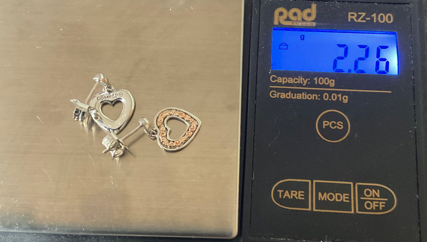 Clogau Tree of Life Inlay Heart drop earrings in silver and rose gold