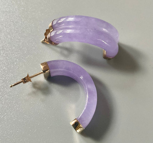 14K Lavender Jade double half hoop earrings in yellow gold 2.5cm