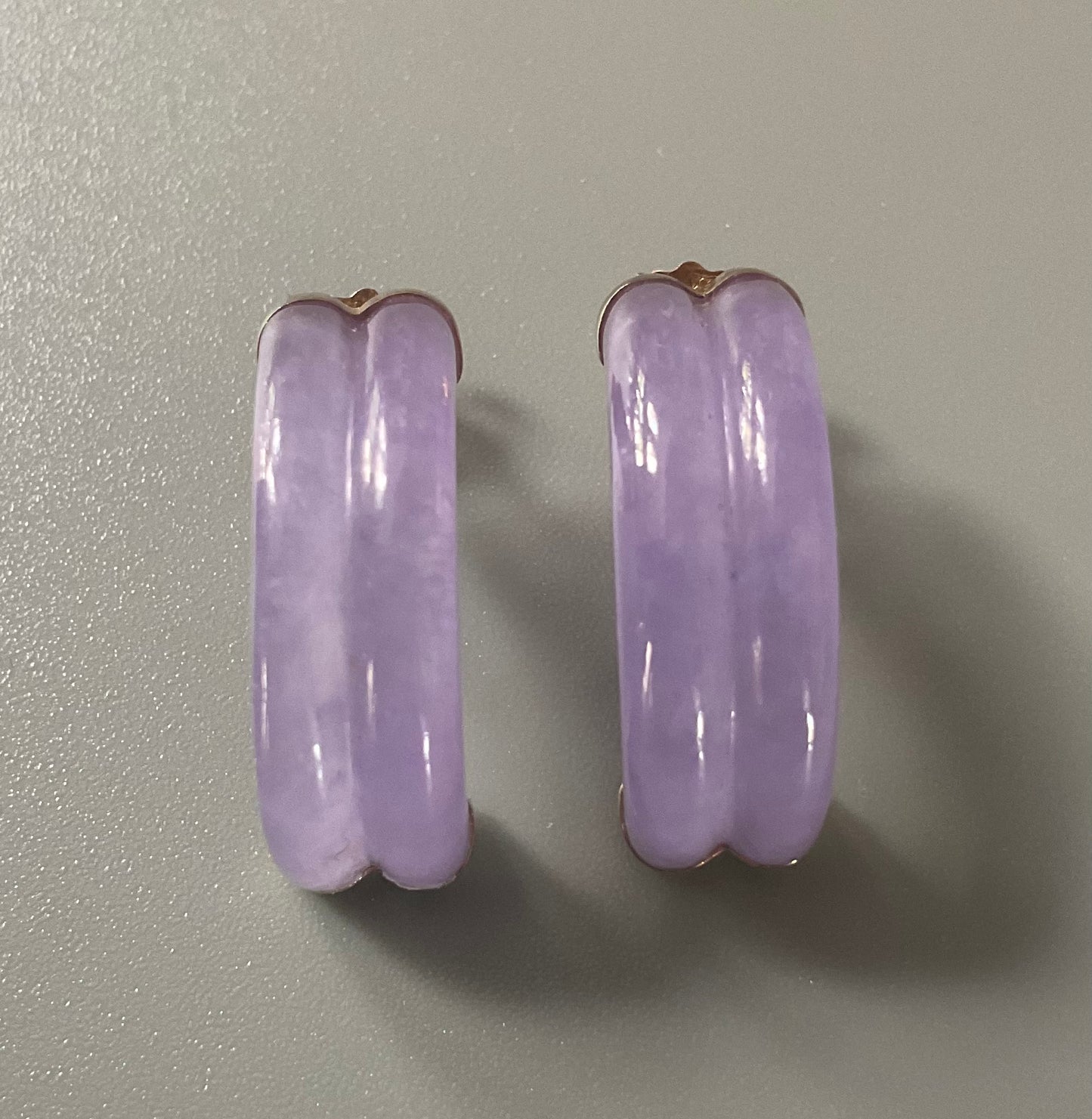 14K Lavender Jade double half hoop earrings in yellow gold 2.5cm