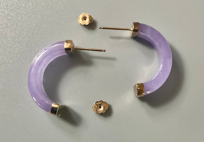 14K Lavender Jade double half hoop earrings in yellow gold 2.5cm