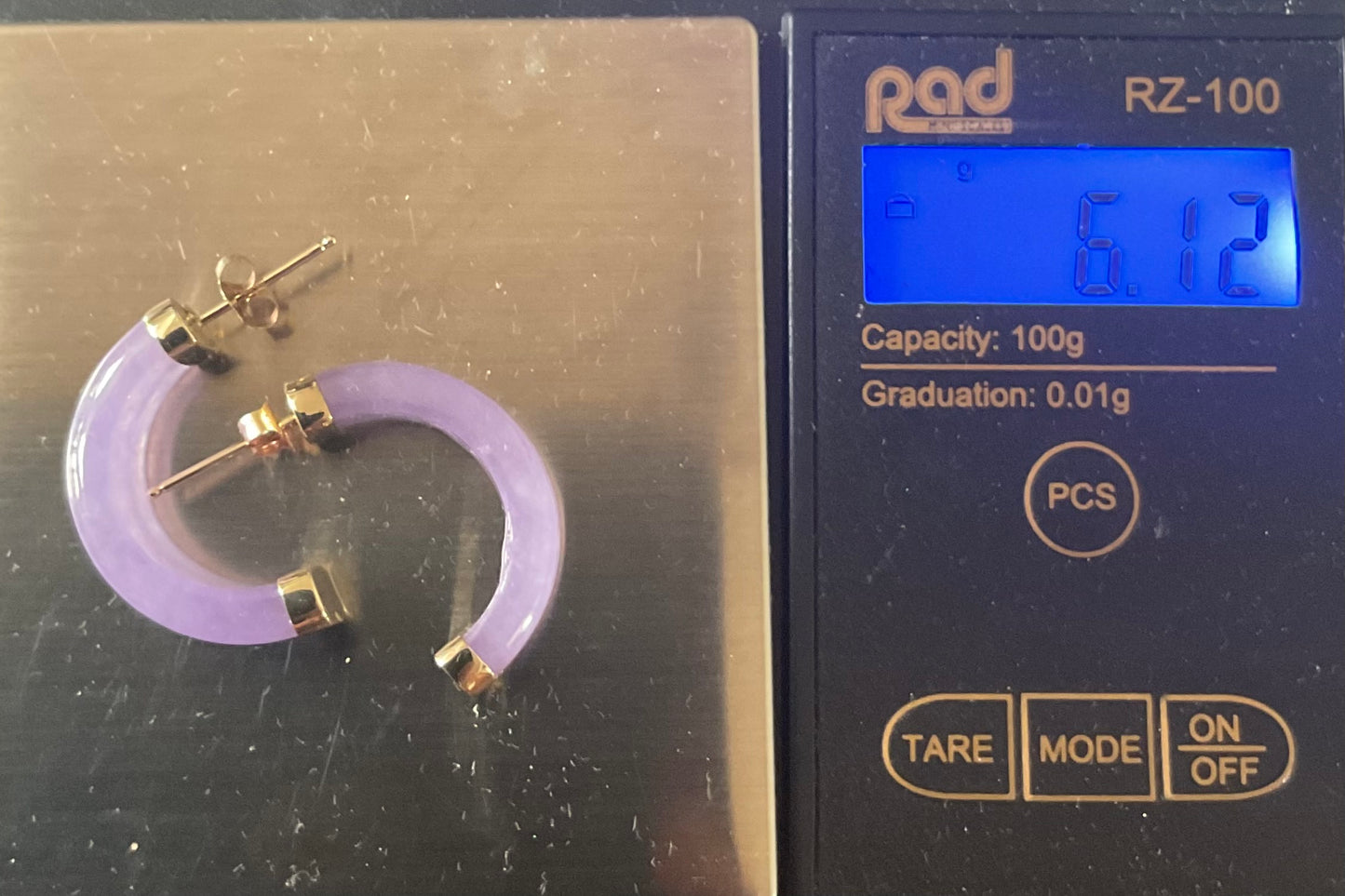 14K Lavender Jade double half hoop earrings in yellow gold 2.5cm