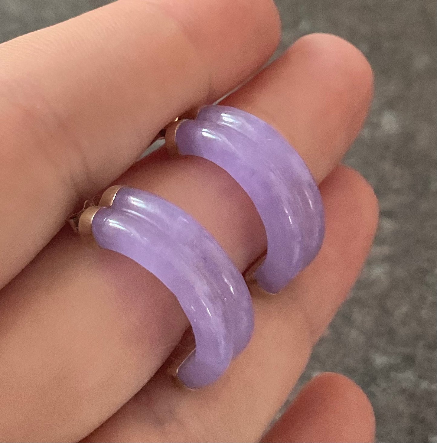 14K Lavender Jade double half hoop earrings in yellow gold 2.5cm