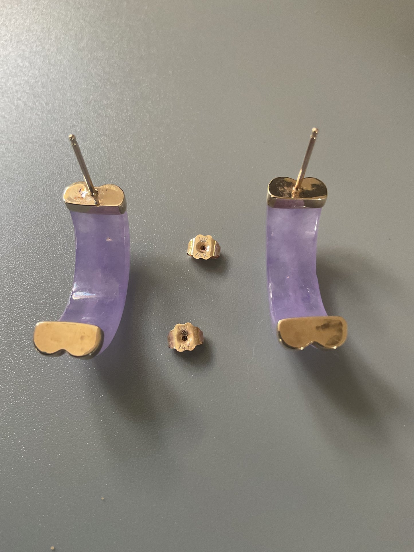 14K Lavender Jade double half hoop earrings in yellow gold 2.5cm