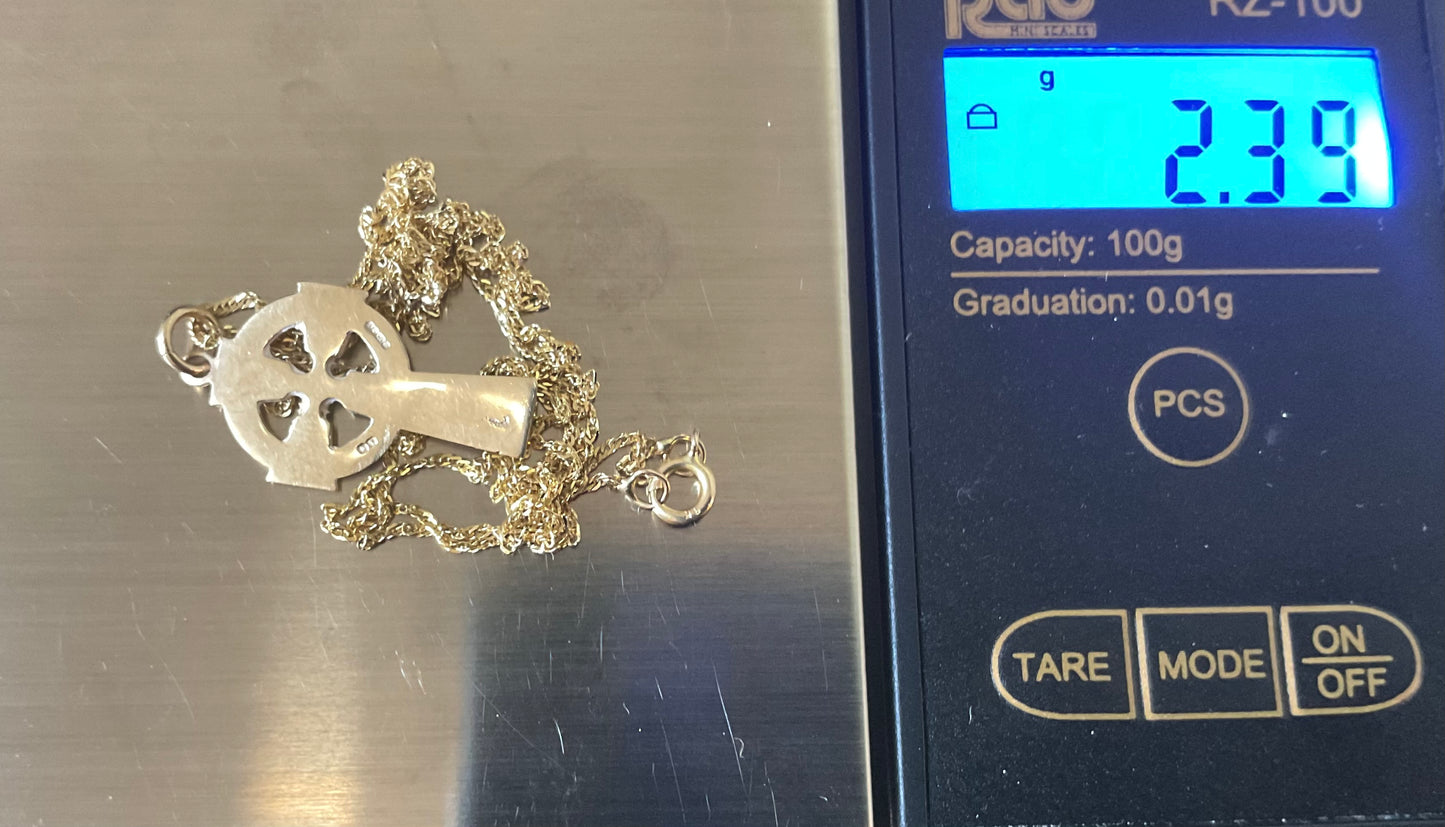 Vintage 9ct Celtic Cross pendant necklace 22” yellow gold hallmarked