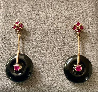 Vintage 9ct Ruby and Black Onyx Disc drop earrings 3cm