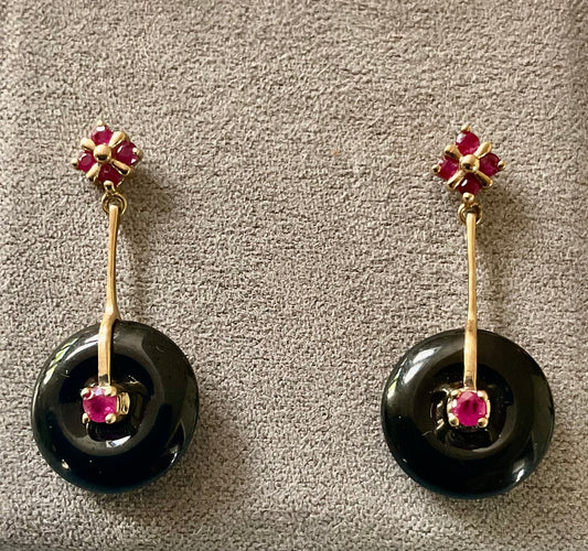 Vintage 9ct Ruby and Black Onyx Disc drop earrings 3cm
