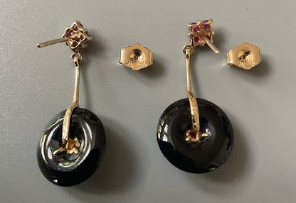 Vintage 9ct Ruby and Black Onyx Disc drop earrings 3cm