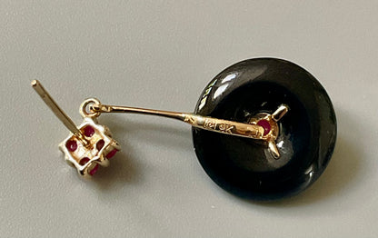 Vintage 9ct Ruby and Black Onyx Disc drop earrings 3cm