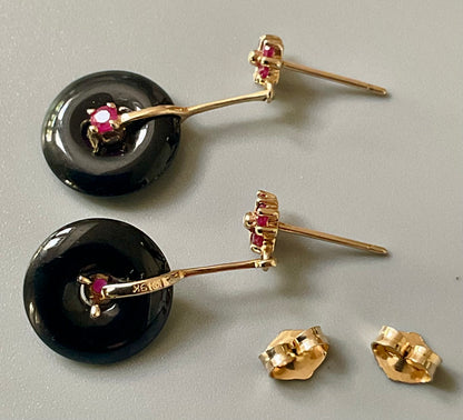 Vintage 9ct Ruby and Black Onyx Disc drop earrings 3cm