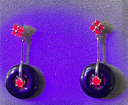 Vintage 9ct Ruby and Black Onyx Disc drop earrings 3cm