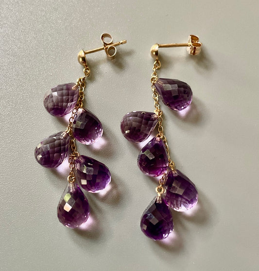 10K Mexico Amethyst Briolette Cascade drop earrings hallmarked yellow gold 4cm