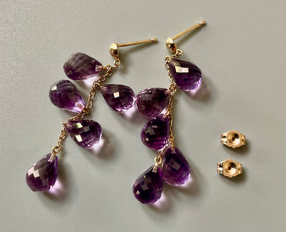 10K Mexico Amethyst Briolette Cascade drop earrings hallmarked yellow gold 4cm