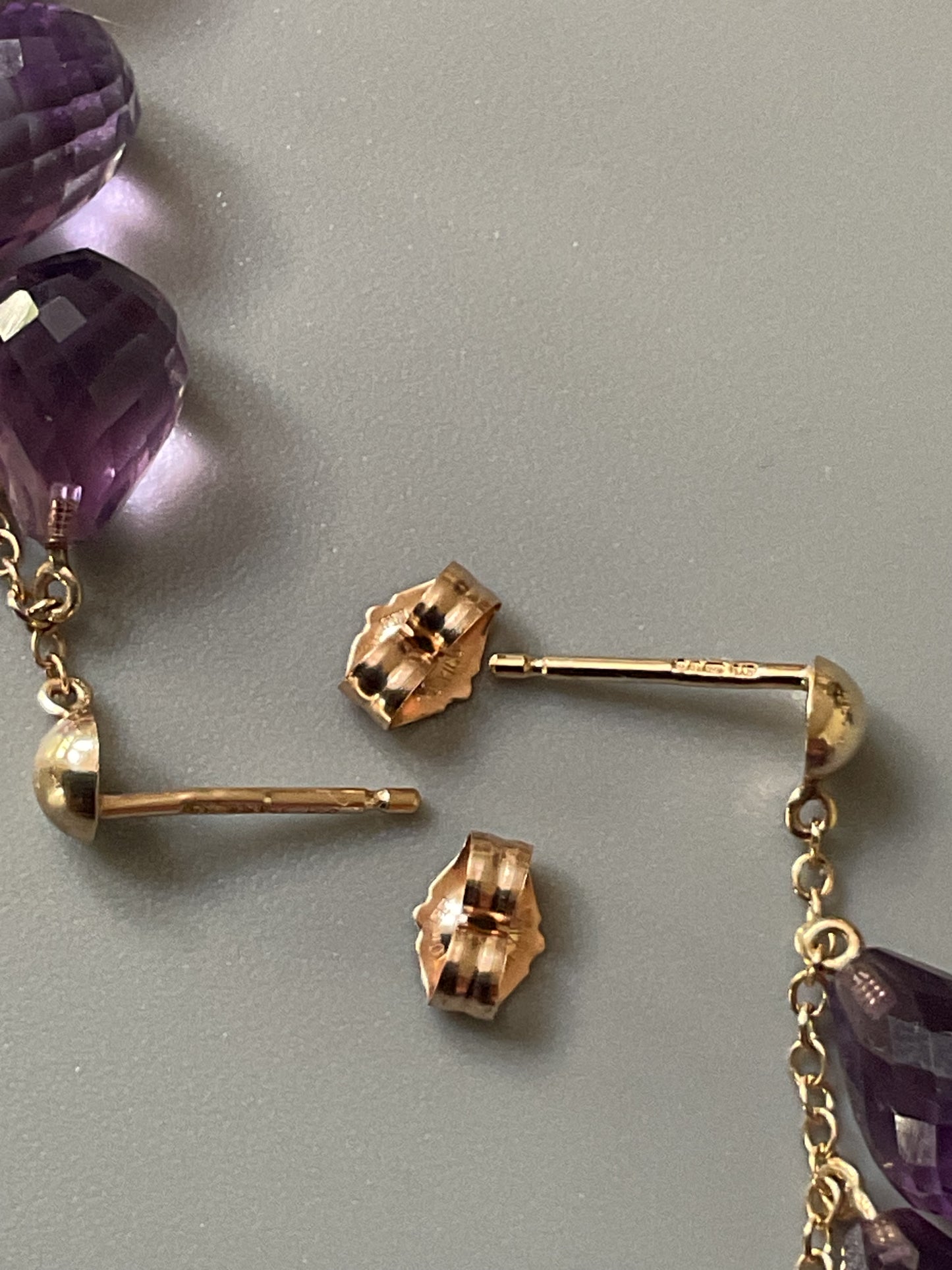 10K Mexico Amethyst Briolette Cascade drop earrings hallmarked yellow gold 4cm