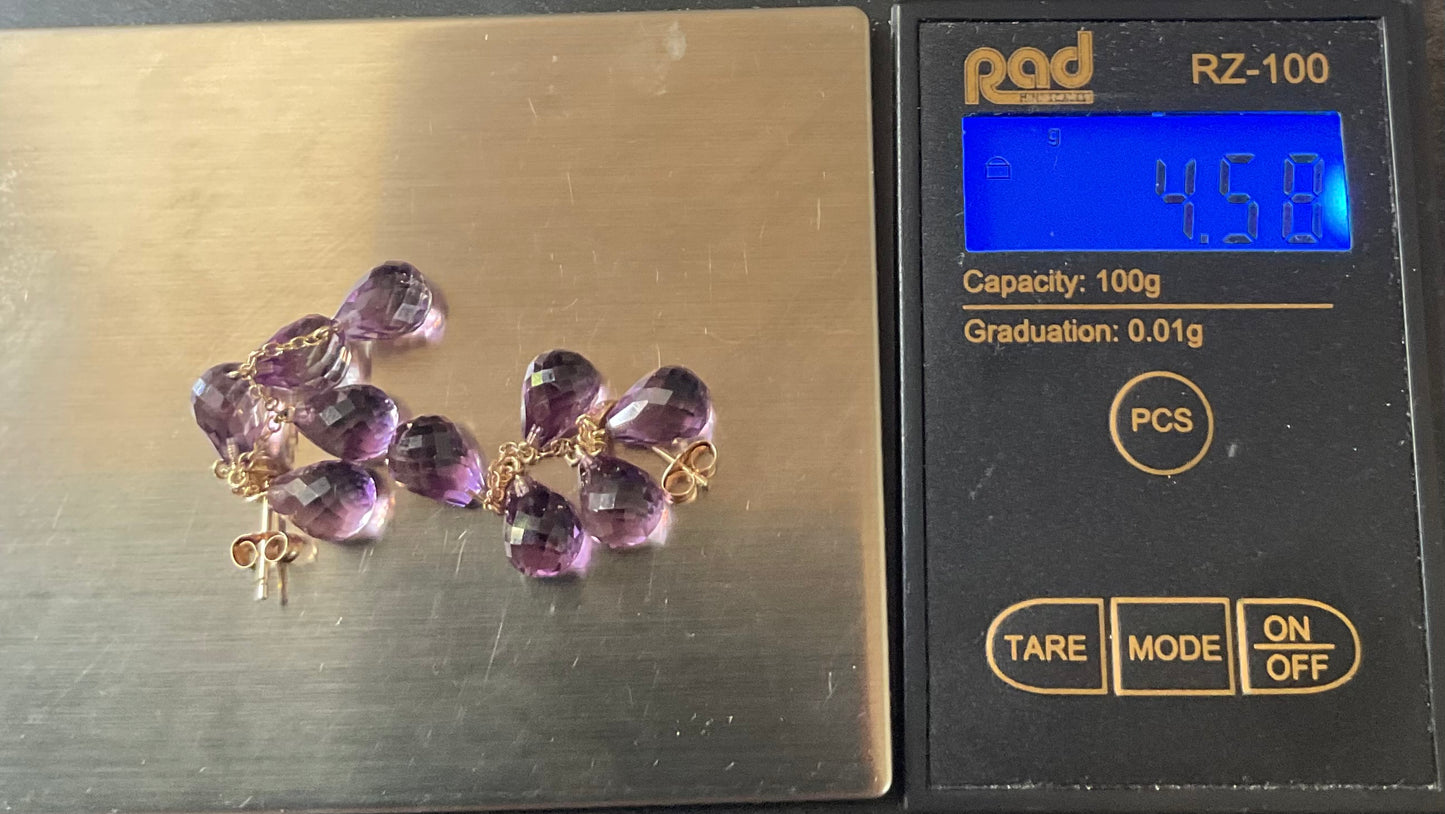 10K Mexico Amethyst Briolette Cascade drop earrings hallmarked yellow gold 4cm