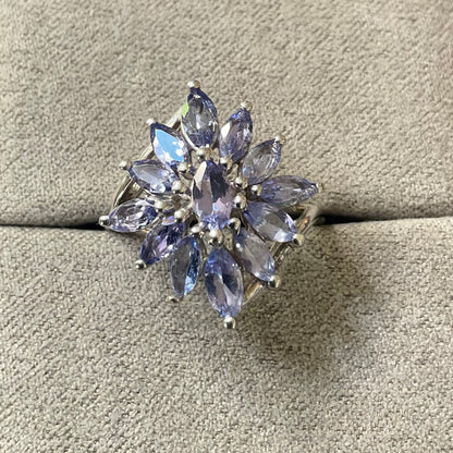 9ct Tanzanite Marquise cut cluster ring size O White gold bypass shoulders