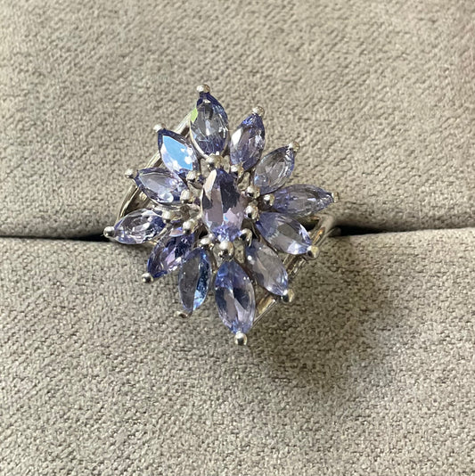 9ct Tanzanite Marquise cut cluster ring size O White gold bypass shoulders