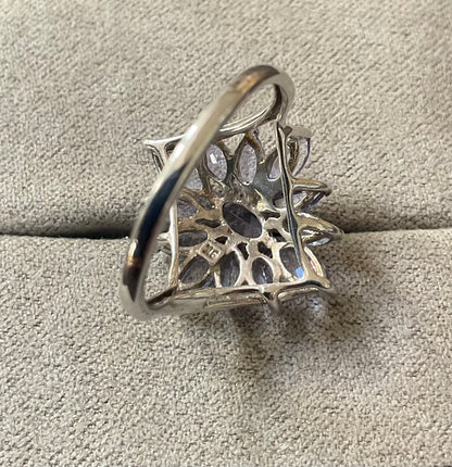 9ct Tanzanite Marquise cut cluster ring size O White gold bypass shoulders