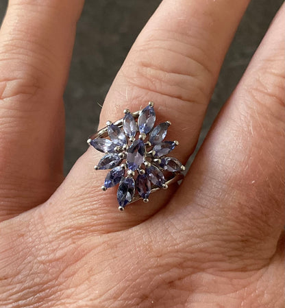 9ct Tanzanite Marquise cut cluster ring size O White gold bypass shoulders