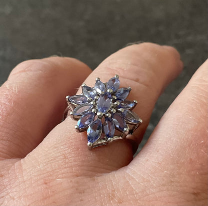 9ct Tanzanite Marquise cut cluster ring size O White gold bypass shoulders