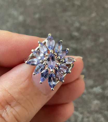9ct Tanzanite Marquise cut cluster ring size O White gold bypass shoulders