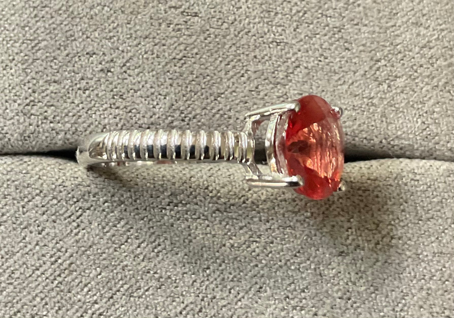 10K Orange Red 8mm solitaire gemstone ring size N white gold Andesine? TGGC 417