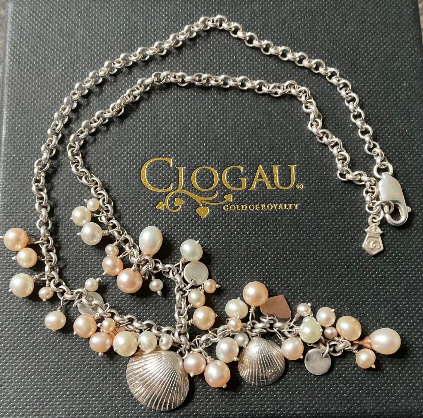 Clogau Beachcomber necklace peaches and cream pearl Y-necklace silver and rose gold 16”