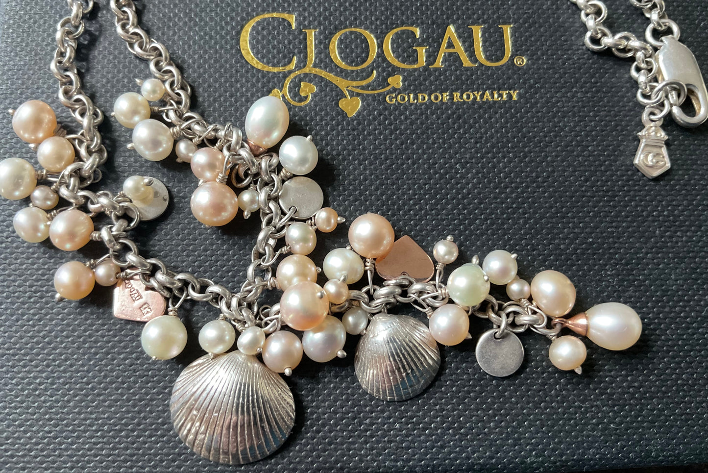 Clogau Beachcomber necklace peaches and cream pearl Y-necklace silver and rose gold 16”