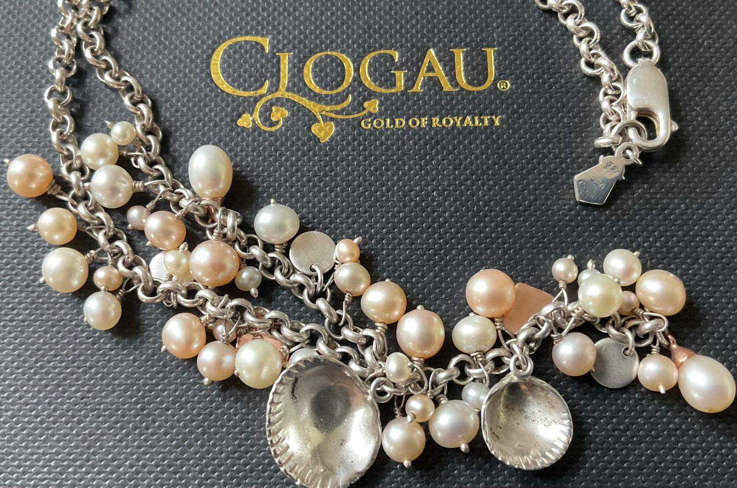 Clogau Beachcomber necklace peaches and cream pearl Y-necklace silver and rose gold 16”