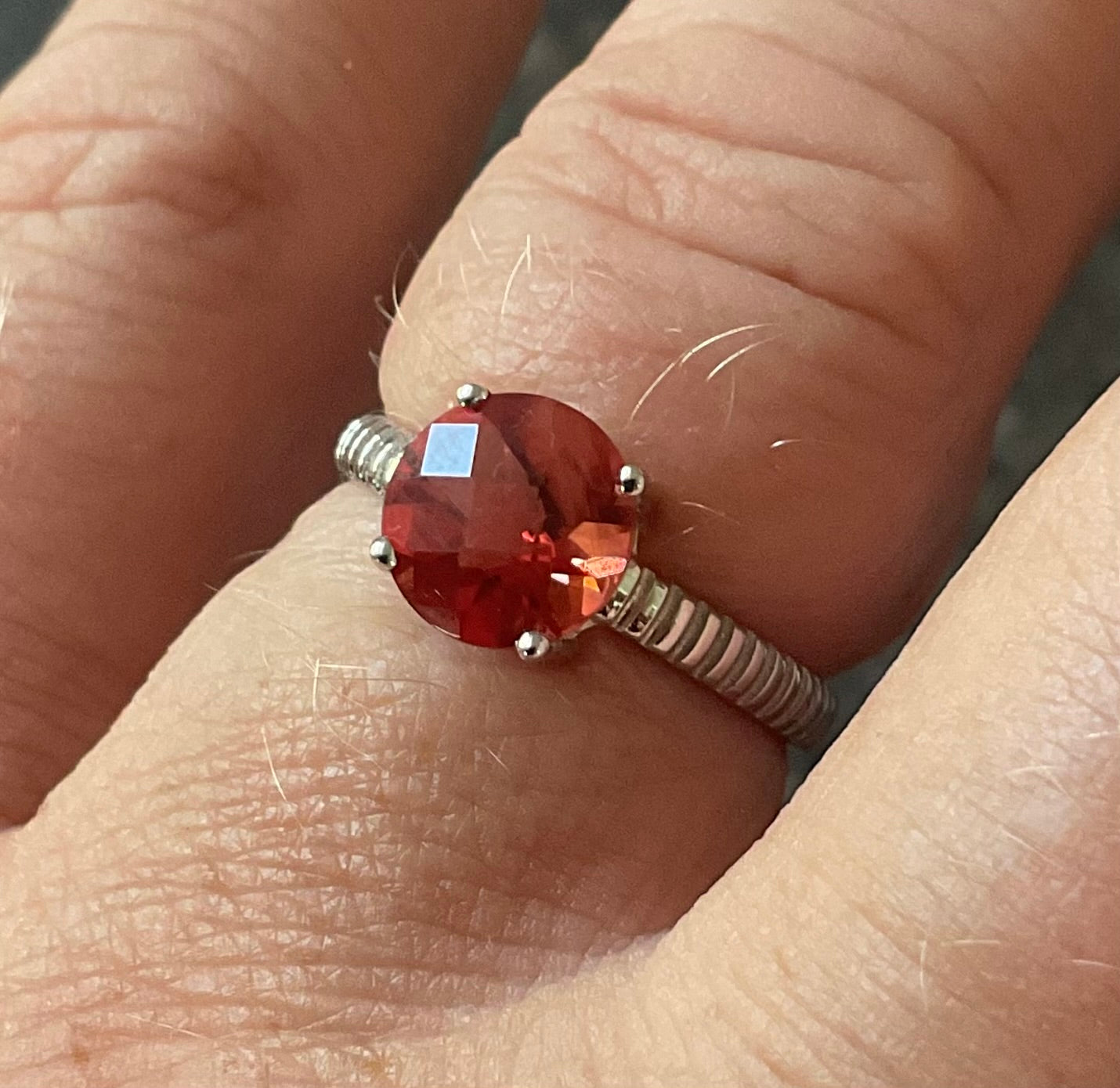 10K Orange Red 8mm solitaire gemstone ring size N white gold Andesine? TGGC 417