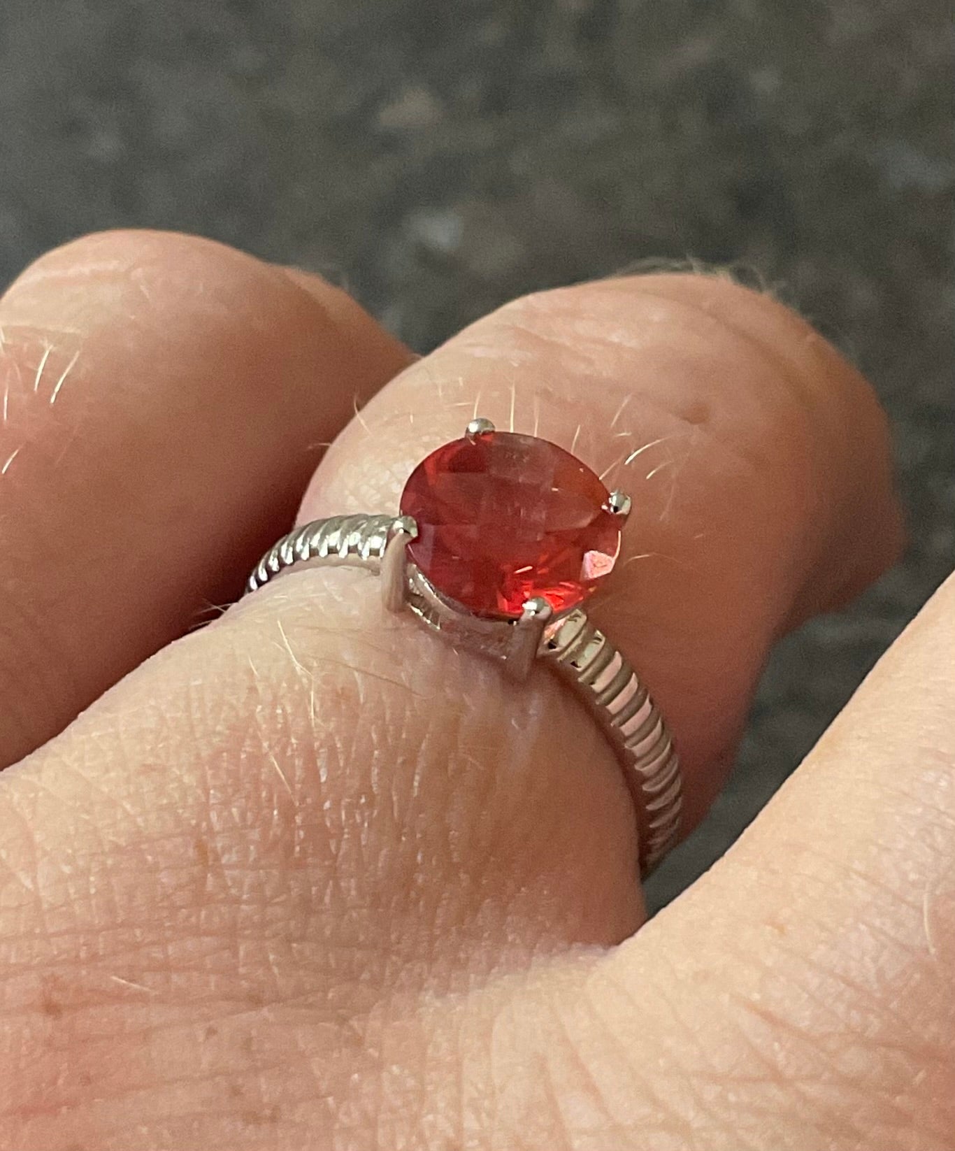 10K Orange Red 8mm solitaire gemstone ring size N white gold Andesine? TGGC 417