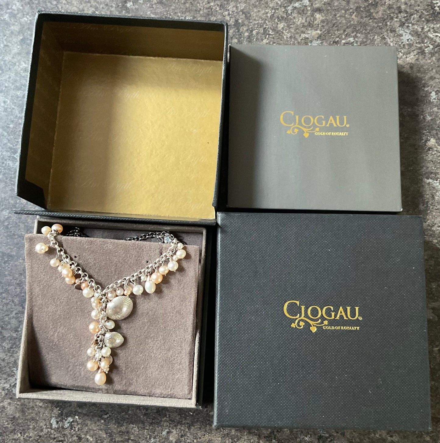 Clogau Beachcomber necklace peaches and cream pearl Y-necklace silver and rose gold 16”