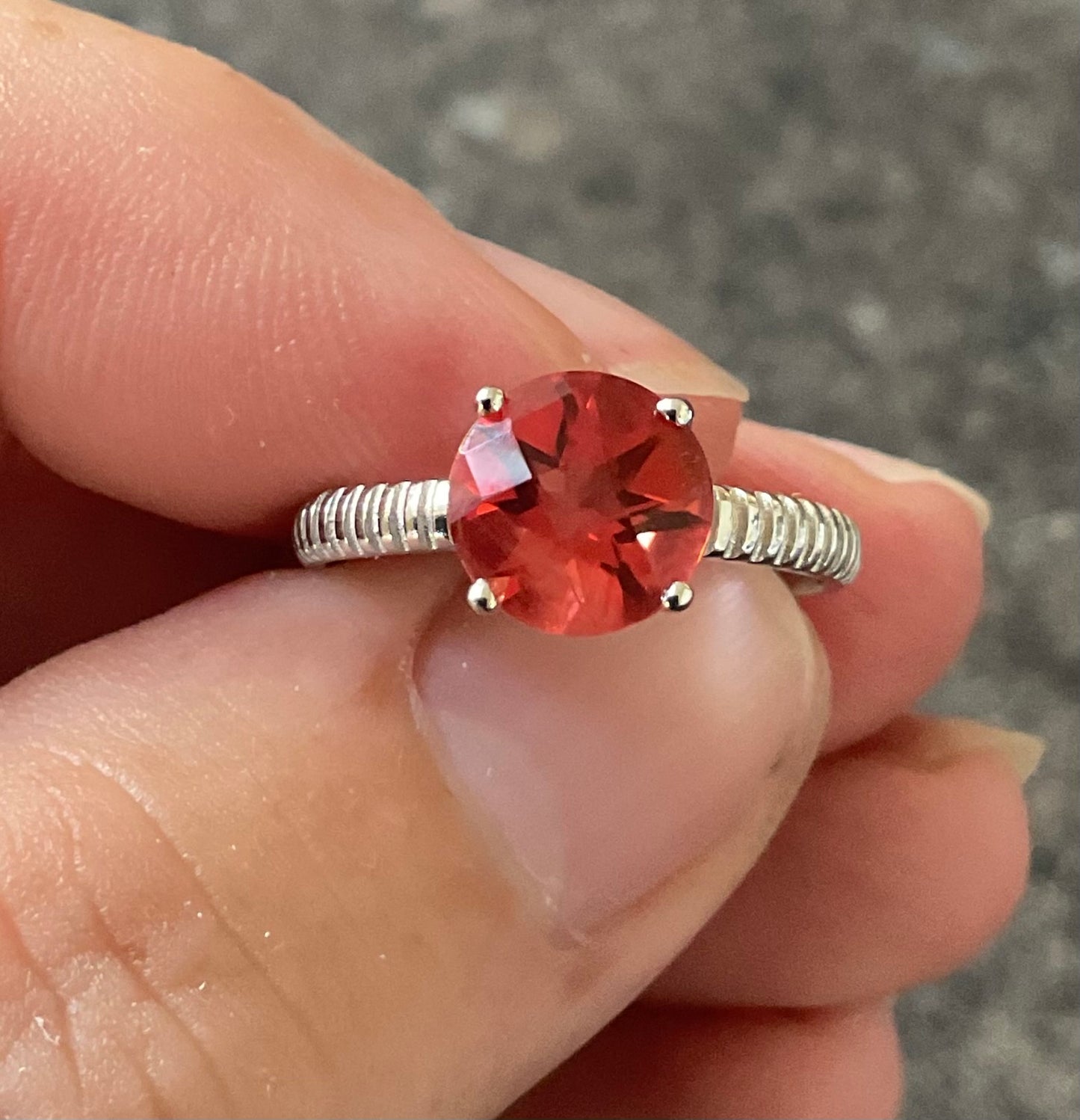 10K Orange Red 8mm solitaire gemstone ring size N white gold Andesine? TGGC 417