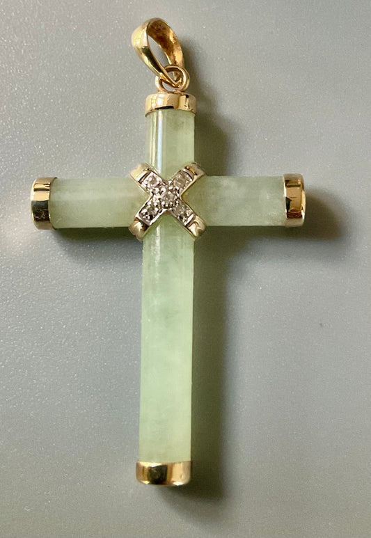 Vintage 14K Jade and Diamond Cross pendant yellow gold 3.8cm stamped WW Unisex