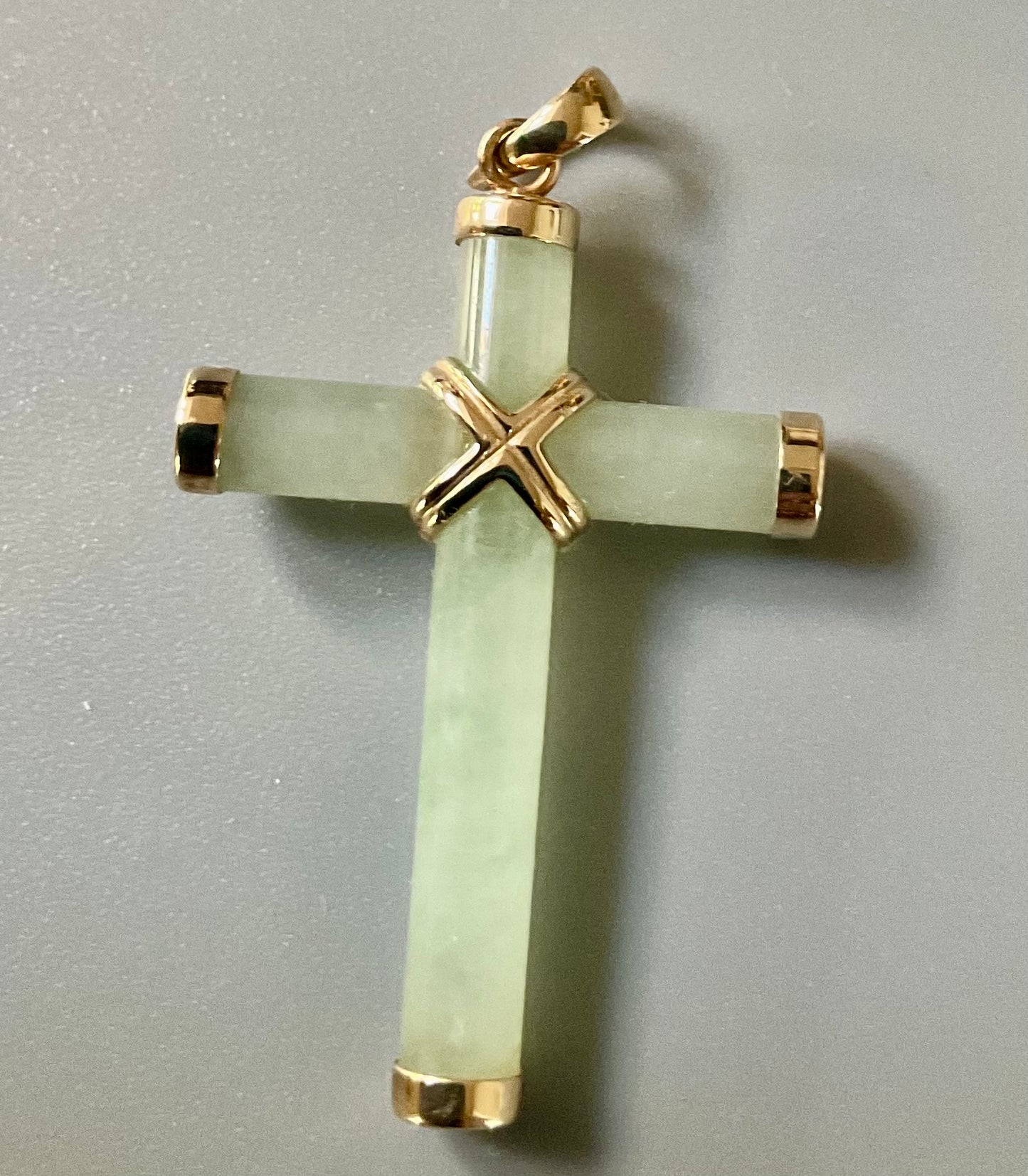 Vintage 14K Jade and Diamond Cross pendant yellow gold 3.8cm stamped WW Unisex